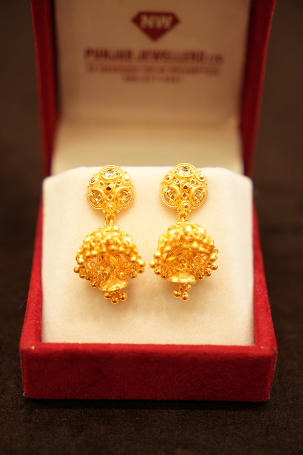 22K Gold Dome Cluster Circle Drop Stud Earrings