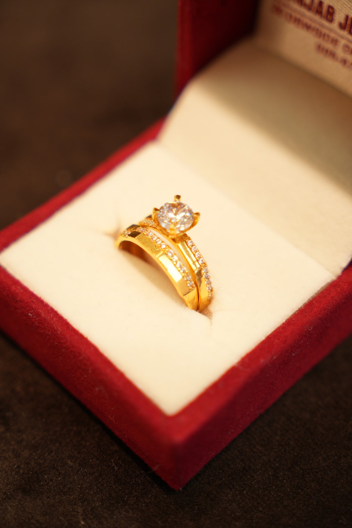 22K Gold Solitaire & Pavé Band Ring Set