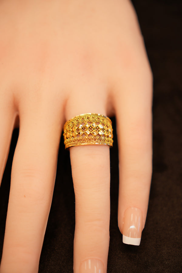 22K Gold Beaded Trellis Wide Band Ring