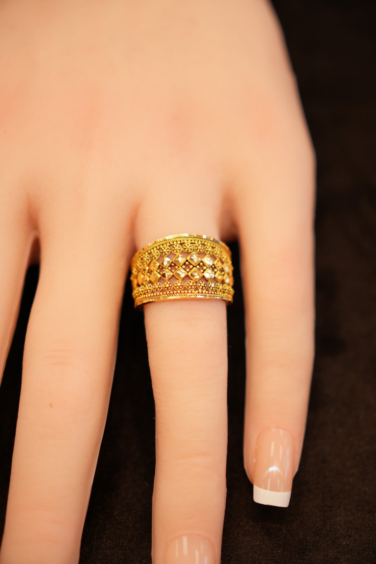22K Gold Beaded Trellis Wide Band Ring