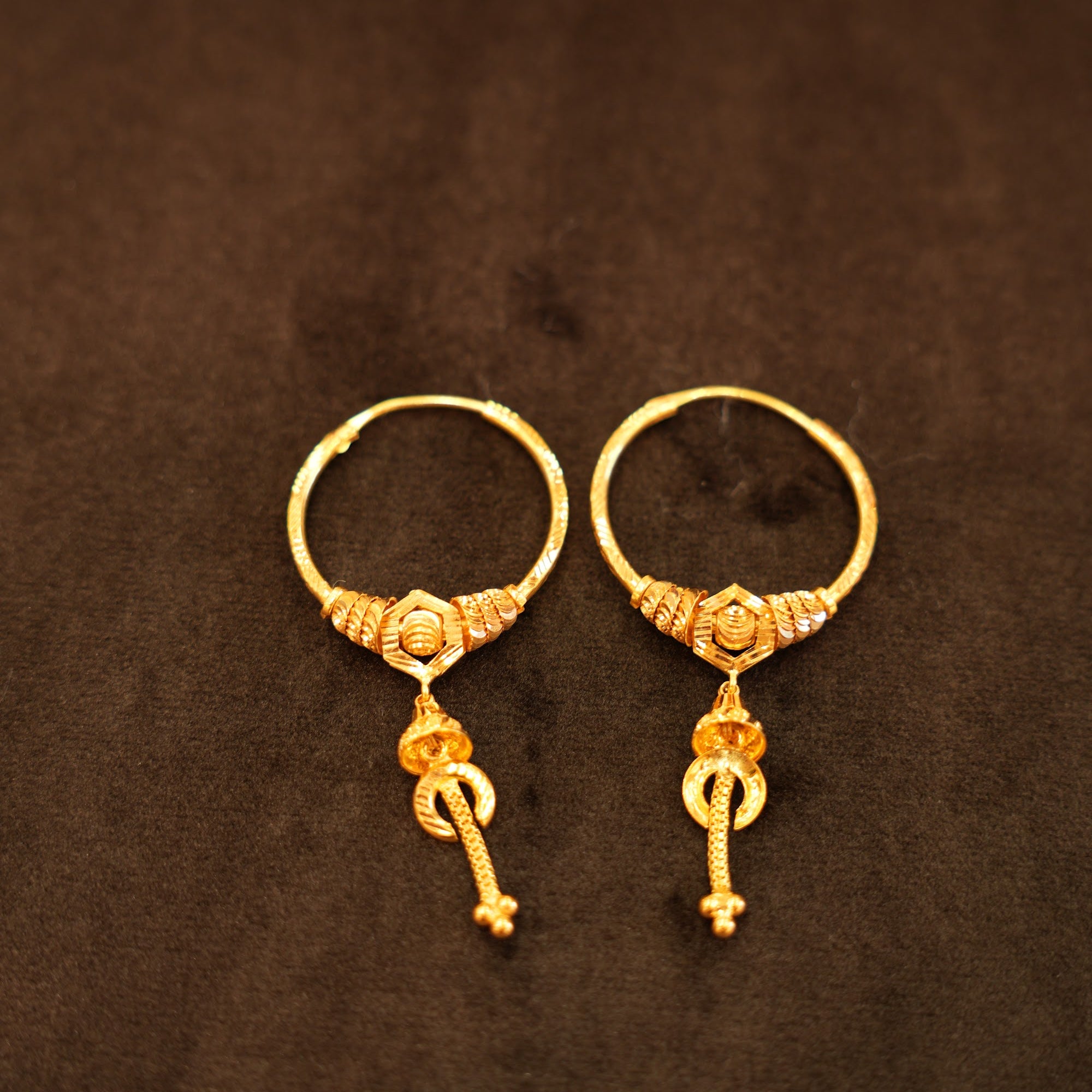 22K Gold Hexagon Bead Bar Drop Hoop Earrings