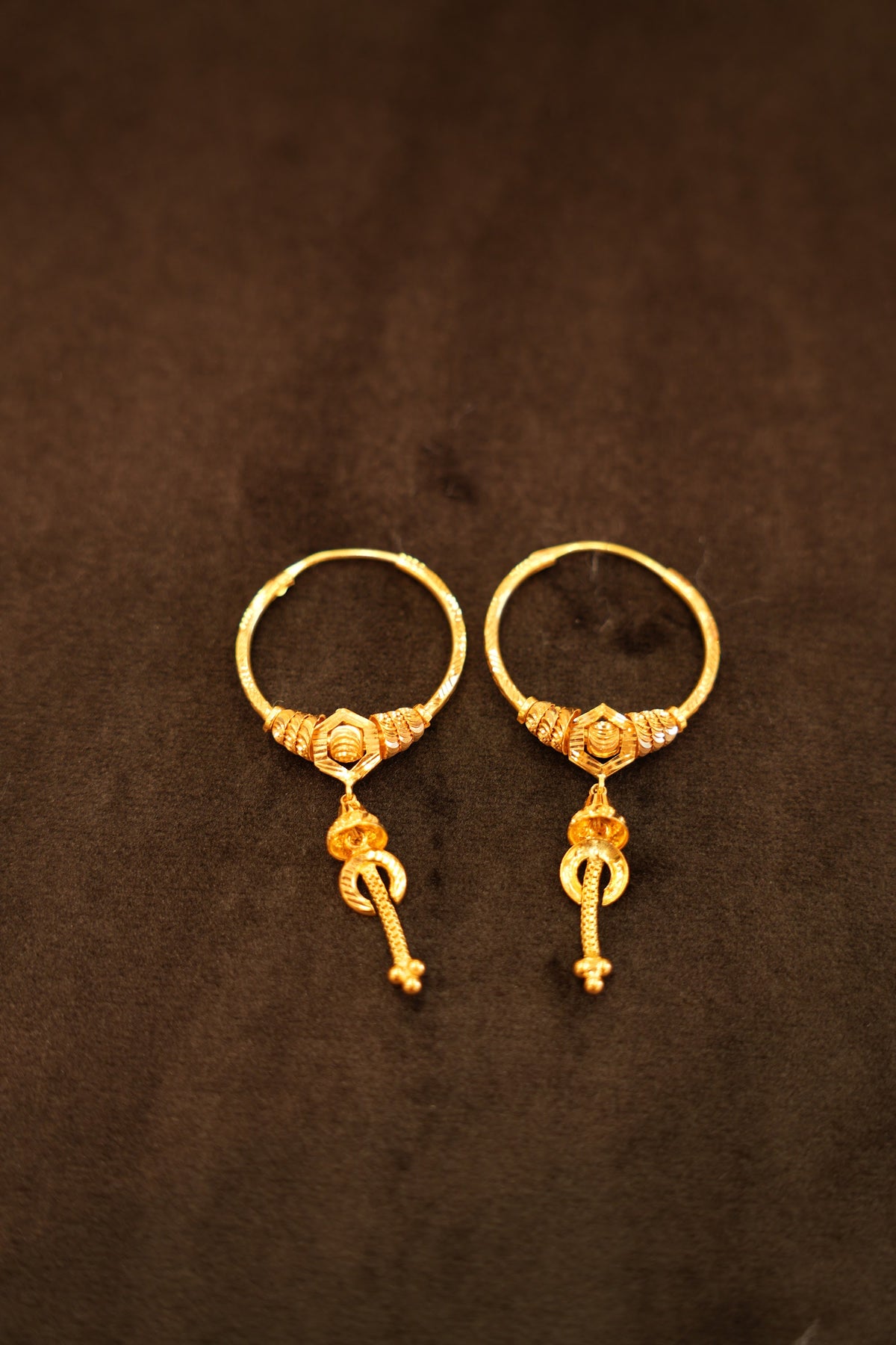 22K Gold Hexagon Bead Bar Drop Hoop Earrings