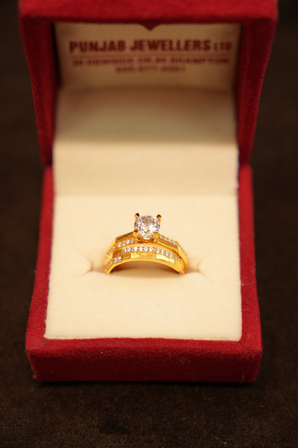 22K Gold Solitaire & Pavé Band Ring Set