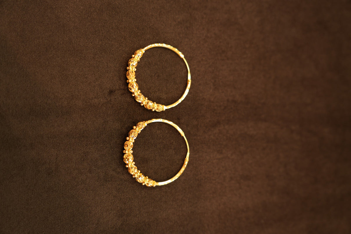 22K Gold Oval Faceted Bead Hoop Earrings