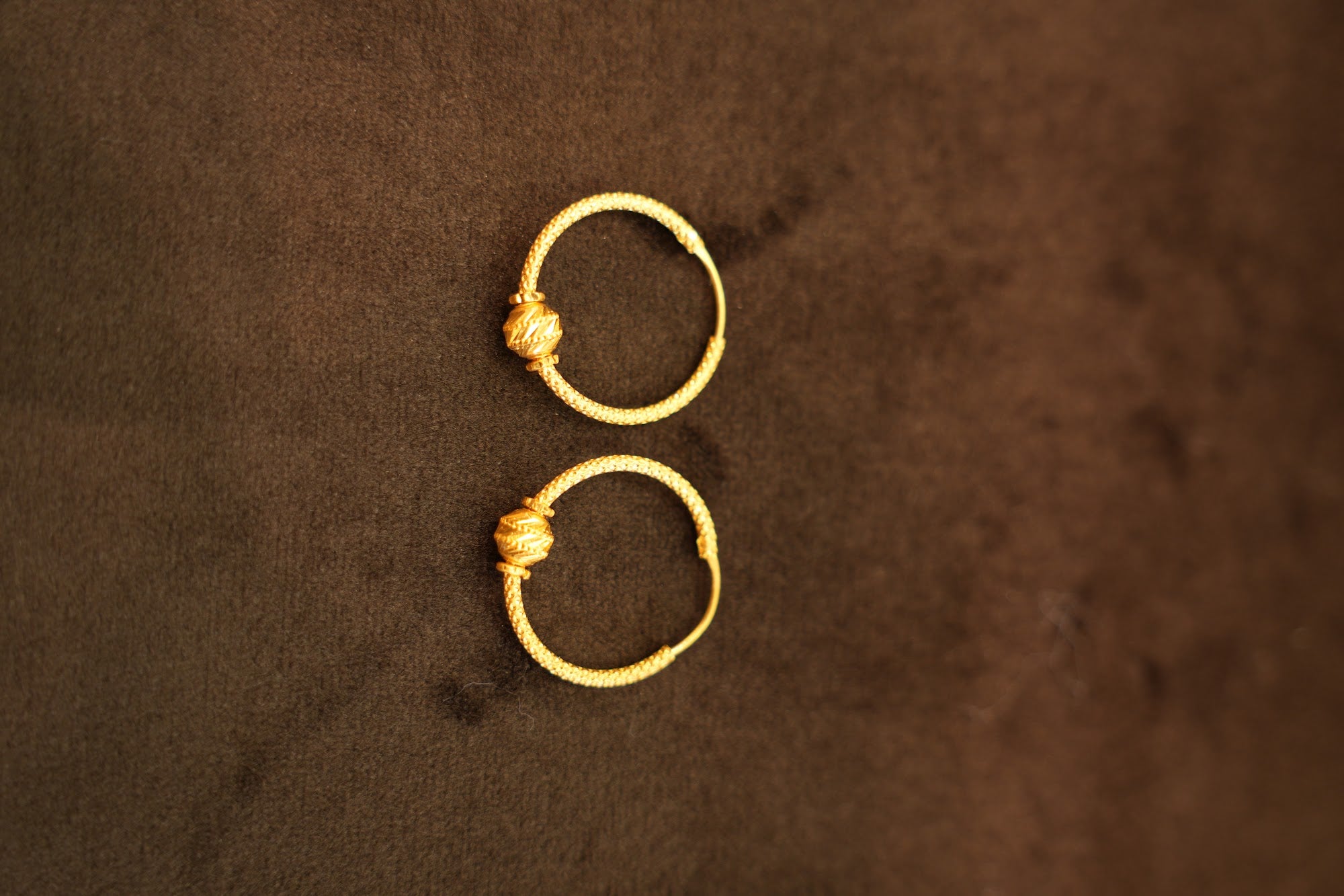 22K Gold Rope Single Bead Hoop Earrings