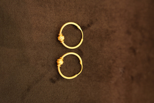 22K Gold Rope Single Bead Hoop Earrings
