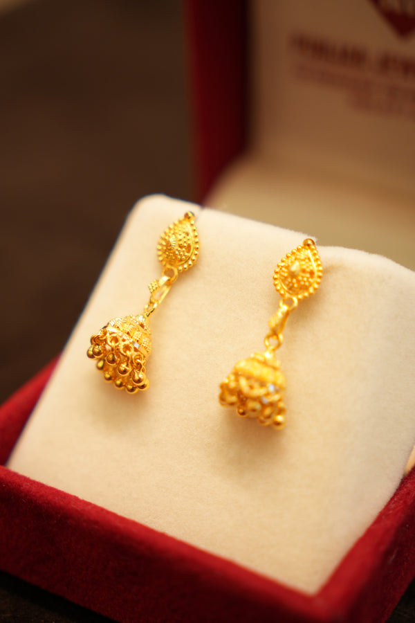 22K Gold Teardrop Bell Charm Stud Earrings