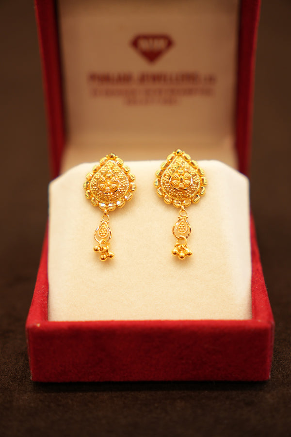 22K Gold Paisley Drop Shield Stud Earrings