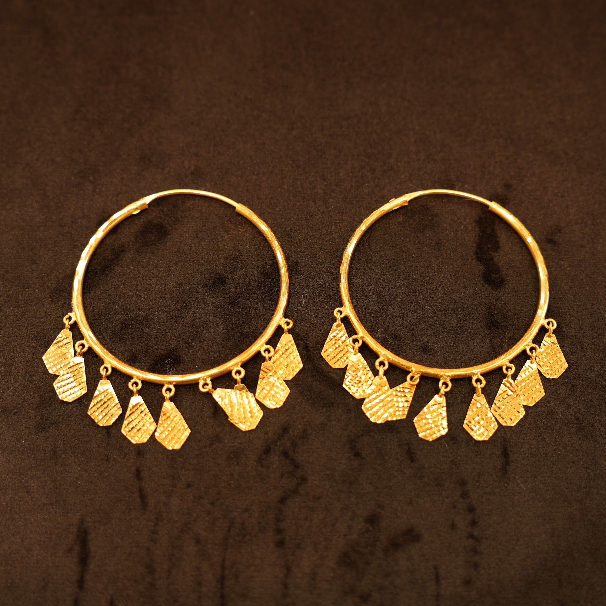 22K Gold Dangling Shield Charm Hoop Earrings