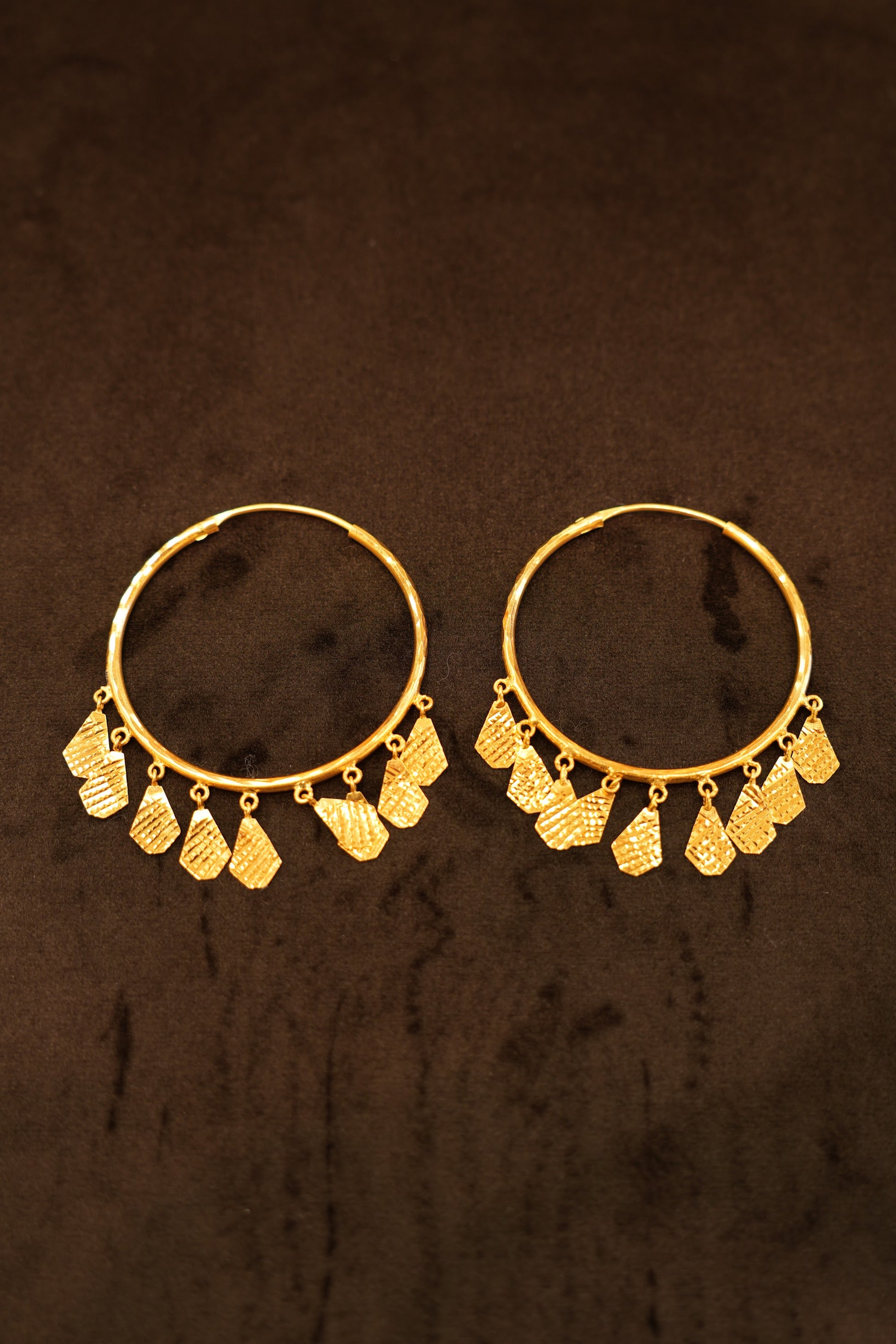 22K Gold Dangling Shield Charm Hoop Earrings