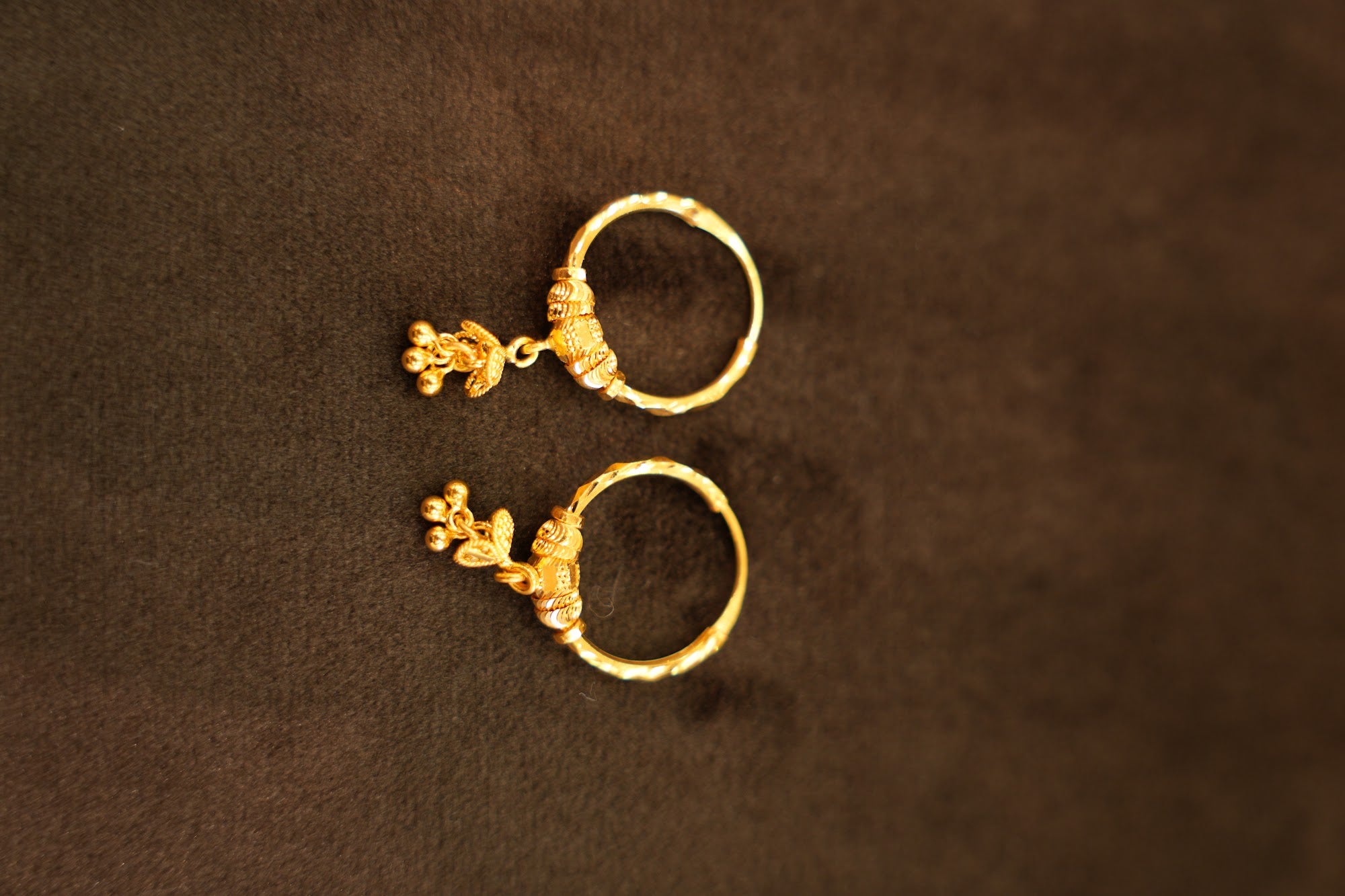 22K Gold Floral Leaf Cluster Drop Hoop Earrings
