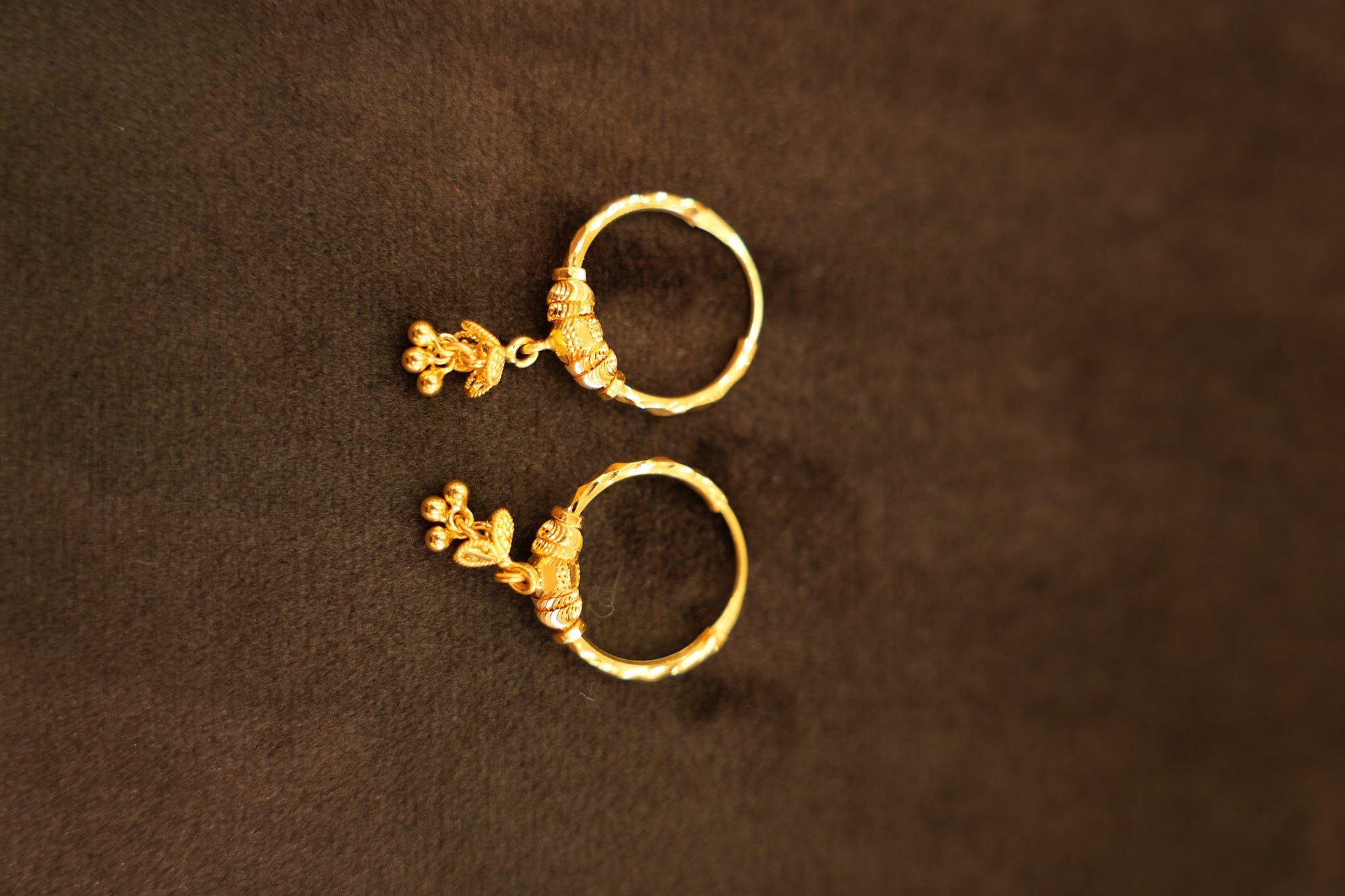 22K Gold Floral Leaf Cluster Drop Hoop Earrings