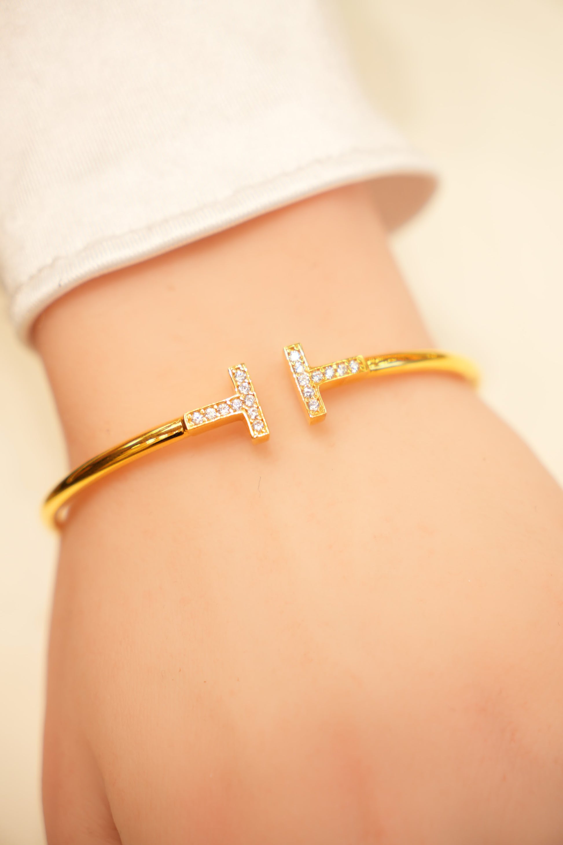 22K Gold Pavé Double-T Bangle Bracelet