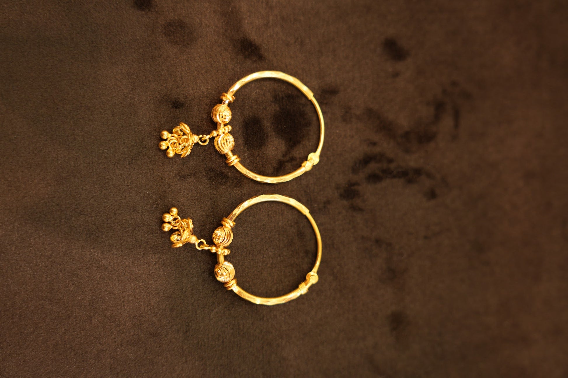 22K Gold Swirl Bead Flower Charm Hoop Earrings