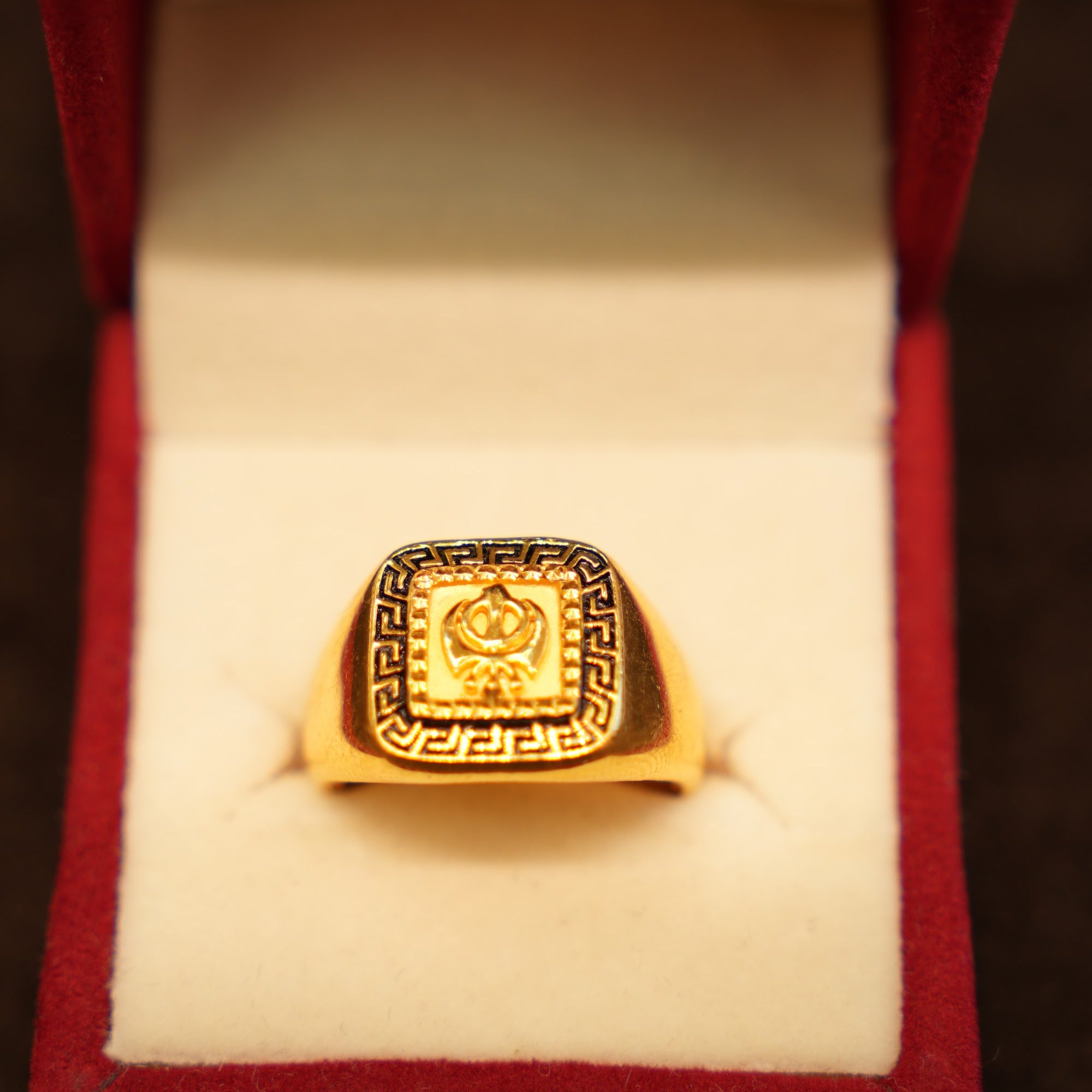 22K Gold Khanda Greek Key Signet Ring
