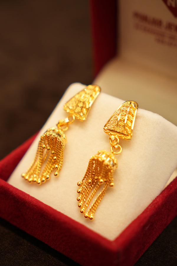 22K Gold Triangular Cone Tassel Stud Earrings
