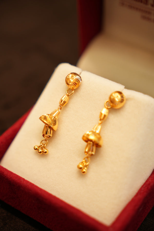 22K Gold Fluted Cone Disc Drop Stud Earrings