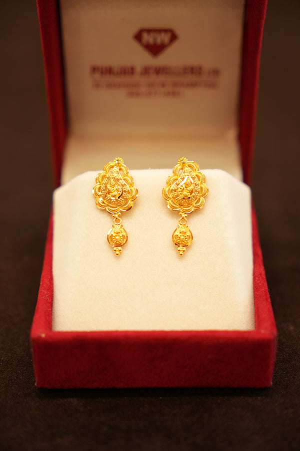 22K Gold Horizontal Flower Cluster Drop Stud Earrings