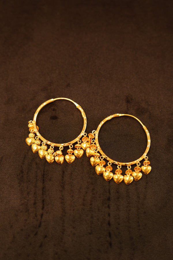 22K Gold Double-Row Heart Charm Hoop Earrings