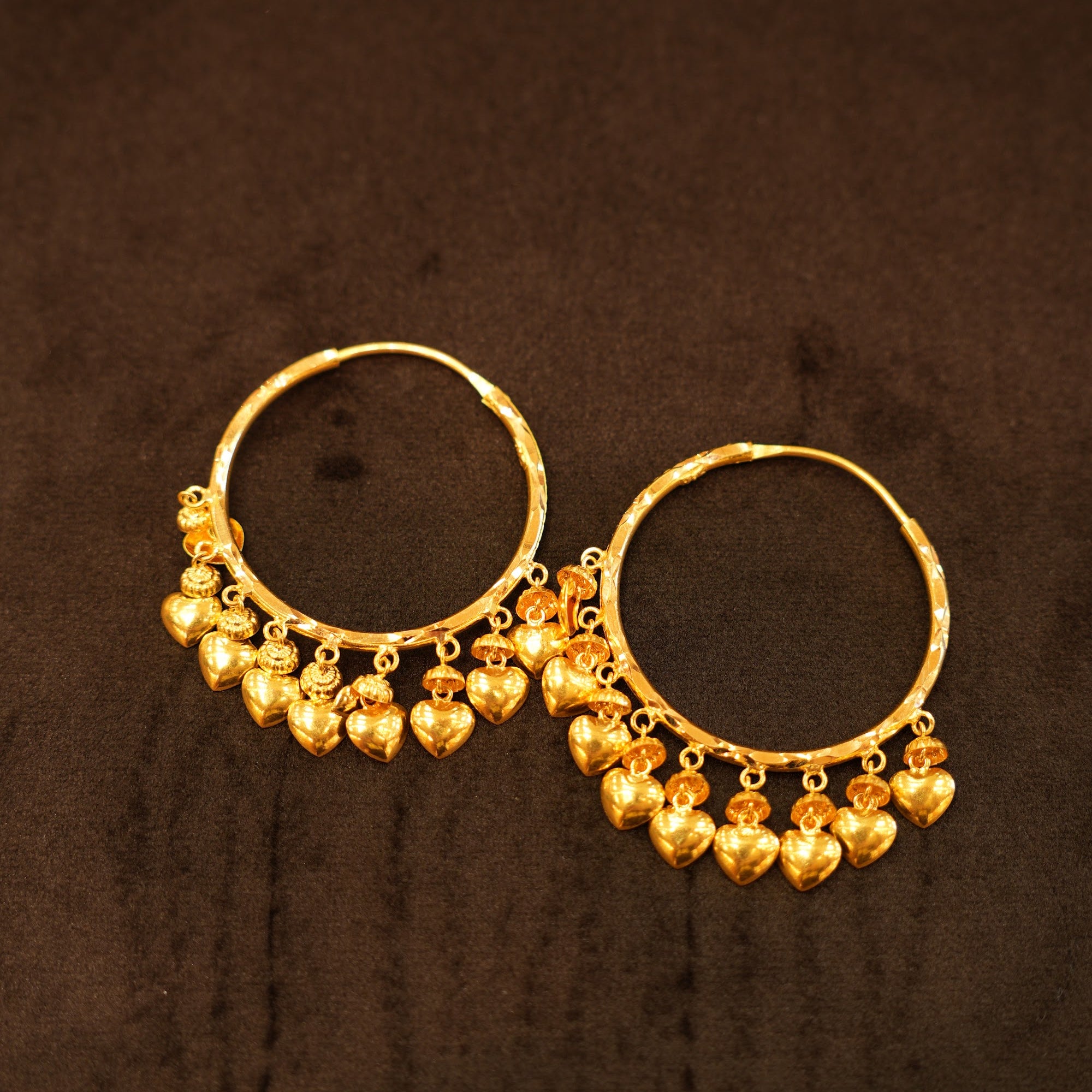 22K Gold Double-Row Heart Charm Hoop Earrings