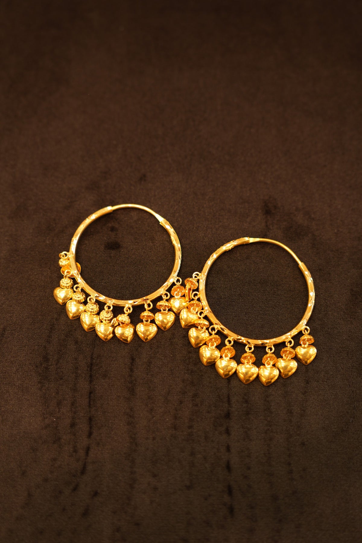 22K Gold Double-Row Heart Charm Hoop Earrings