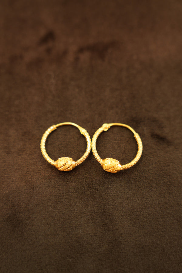 22K Gold Rope Oval Bead Hoop Earrings