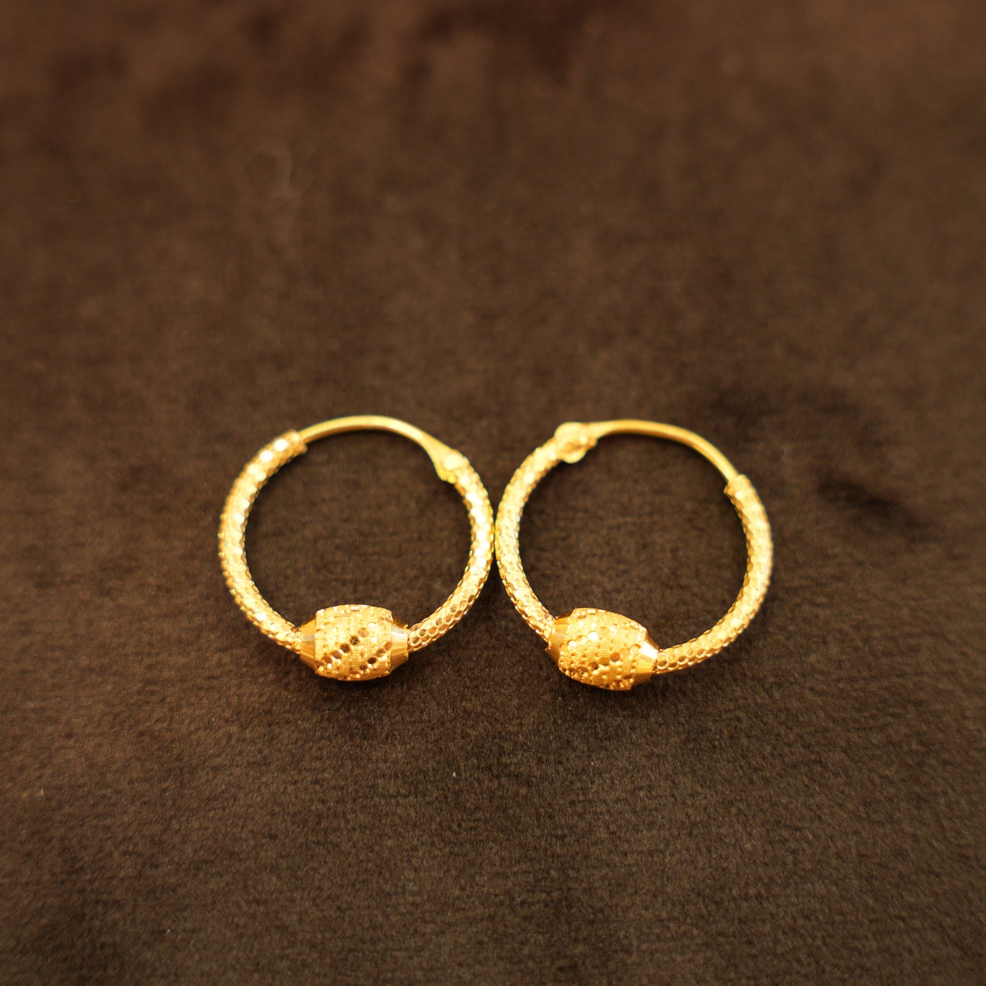 22K Gold Rope Oval Bead Hoop Earrings
