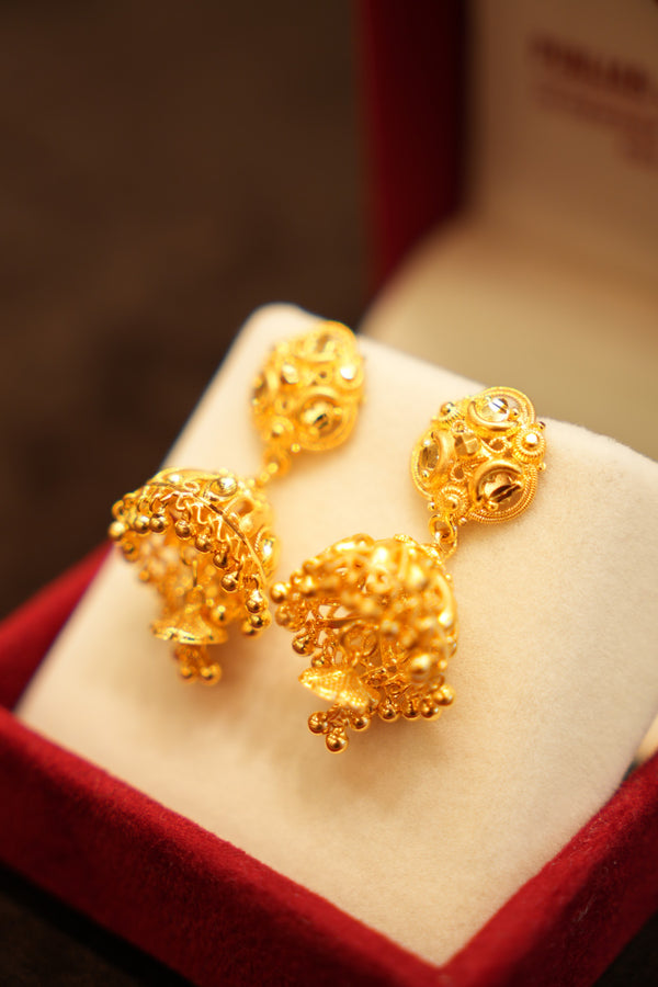 22K Gold Dome Cluster Circle Drop Stud Earrings