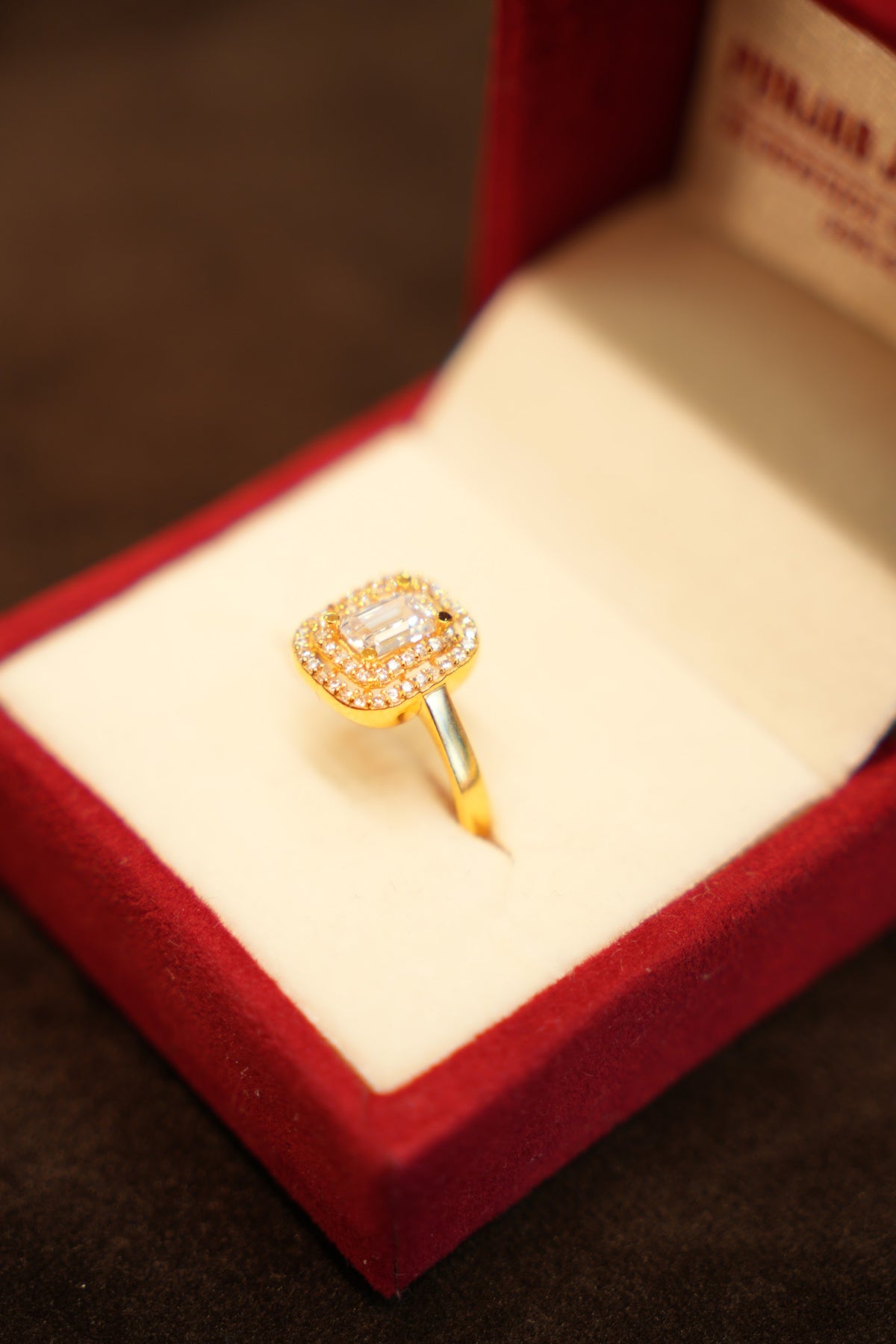 22K Gold Cushion Halo Emerald-Cut Ring