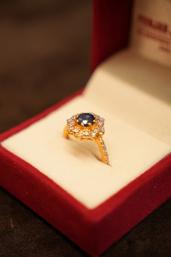 22K Gold Blue Stone Halo Ring
