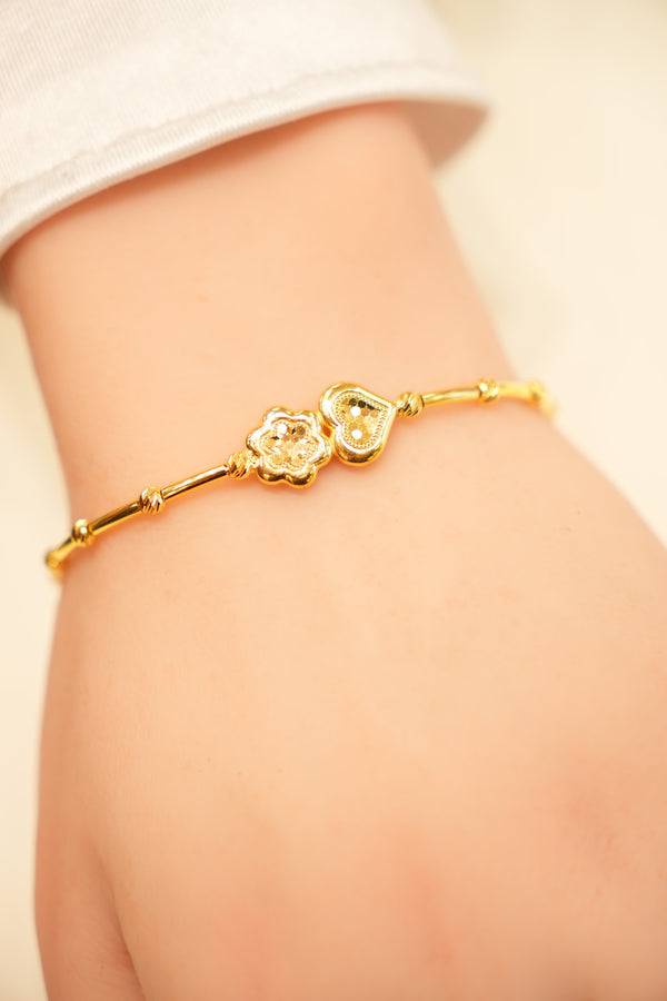 22K Gold Flower Heart Charm Bangle