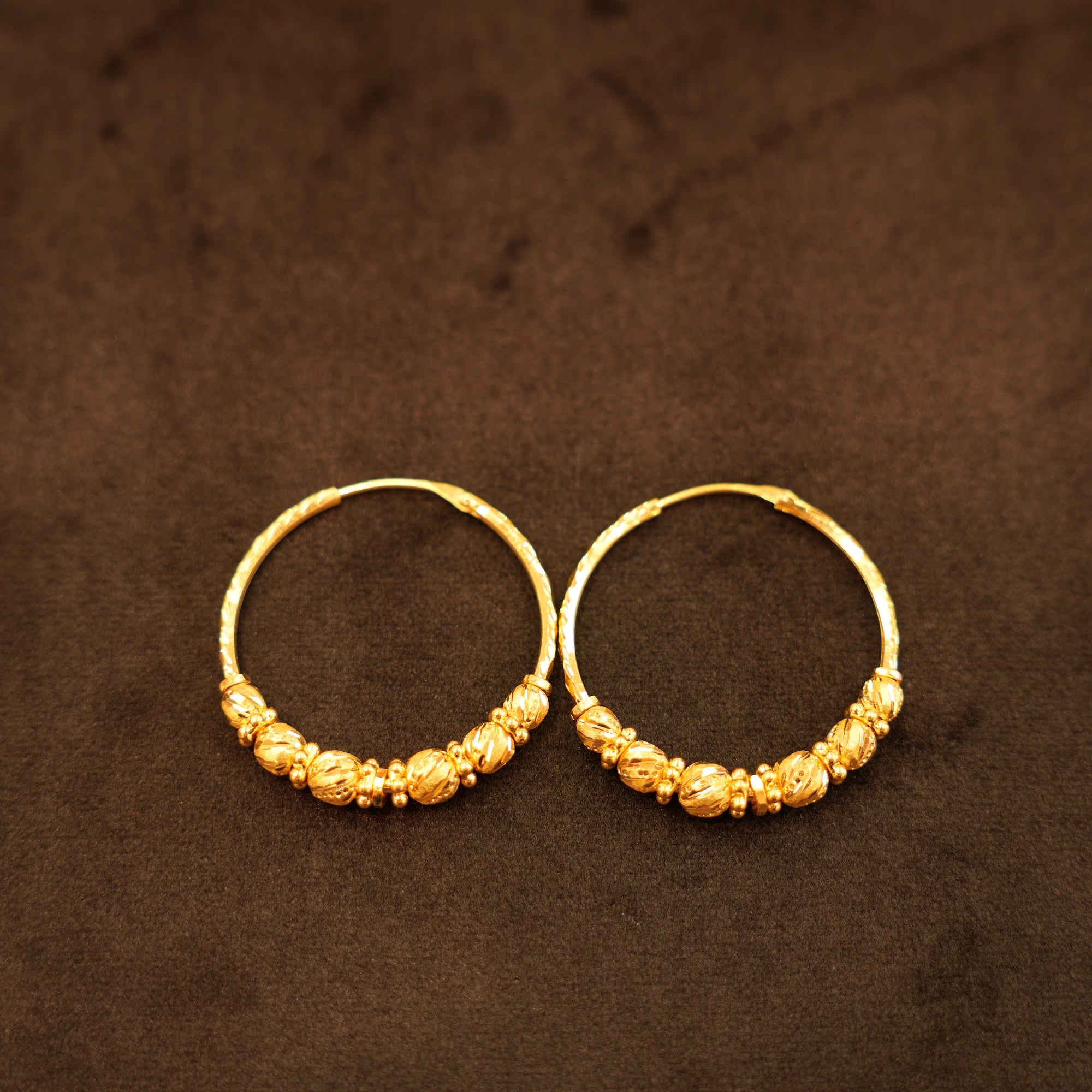 22K Gold Fluted Bead Hoop Earrings