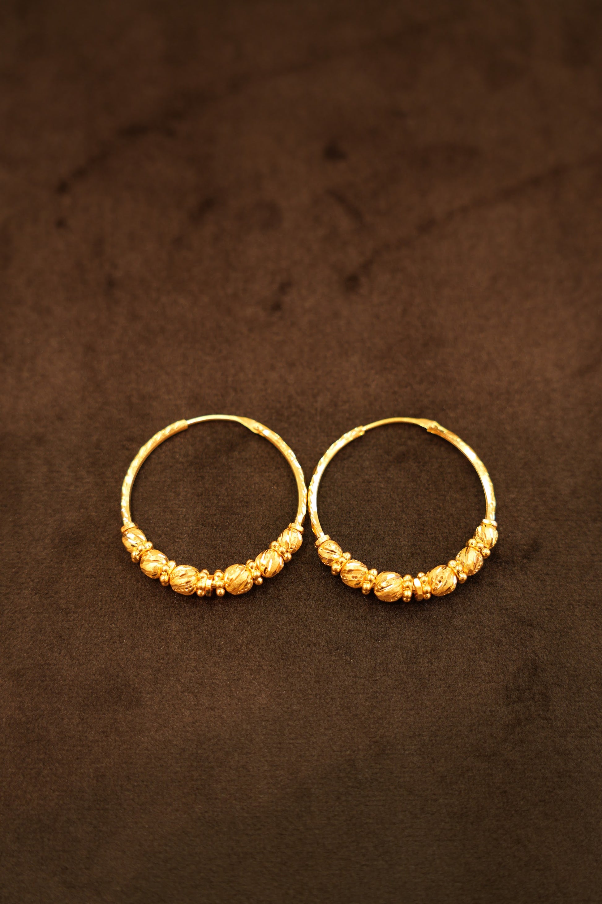 22K Gold Fluted Bead Hoop Earrings
