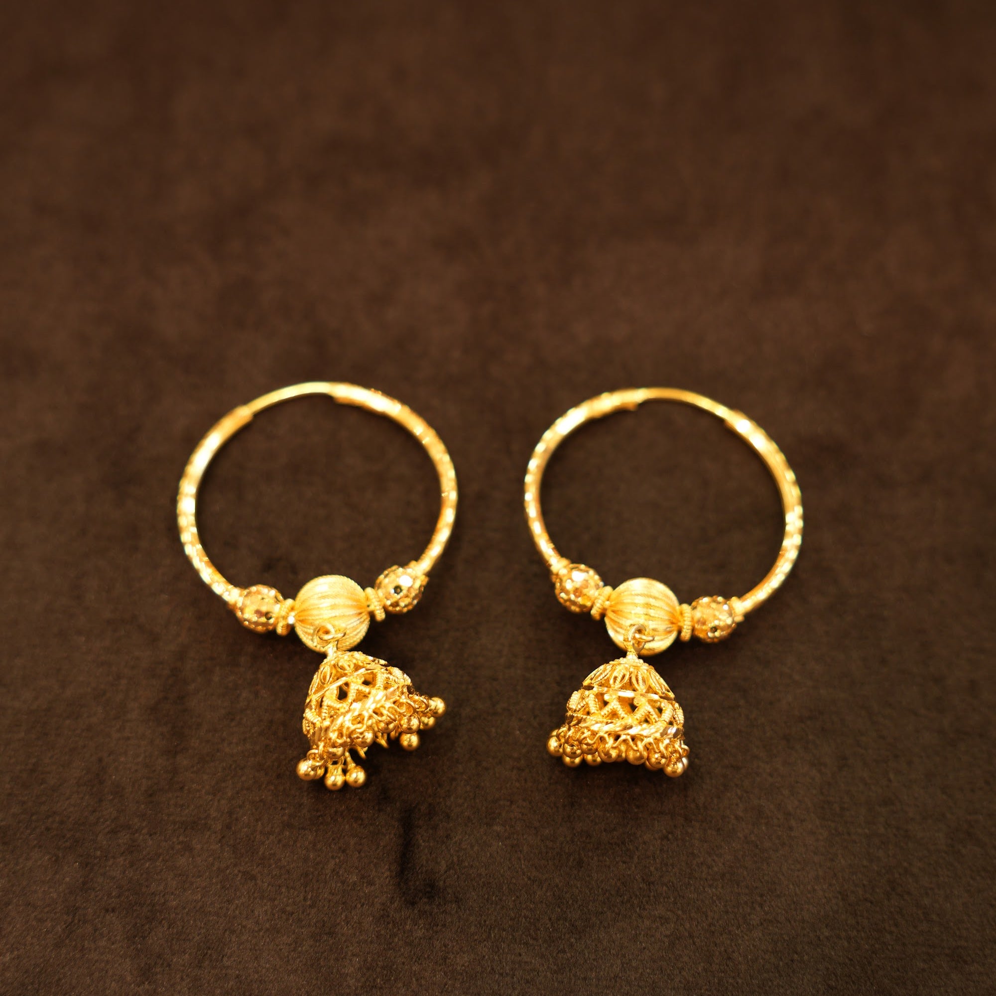 22K Gold Bead & Mesh Jhumka Hoop Earrings
