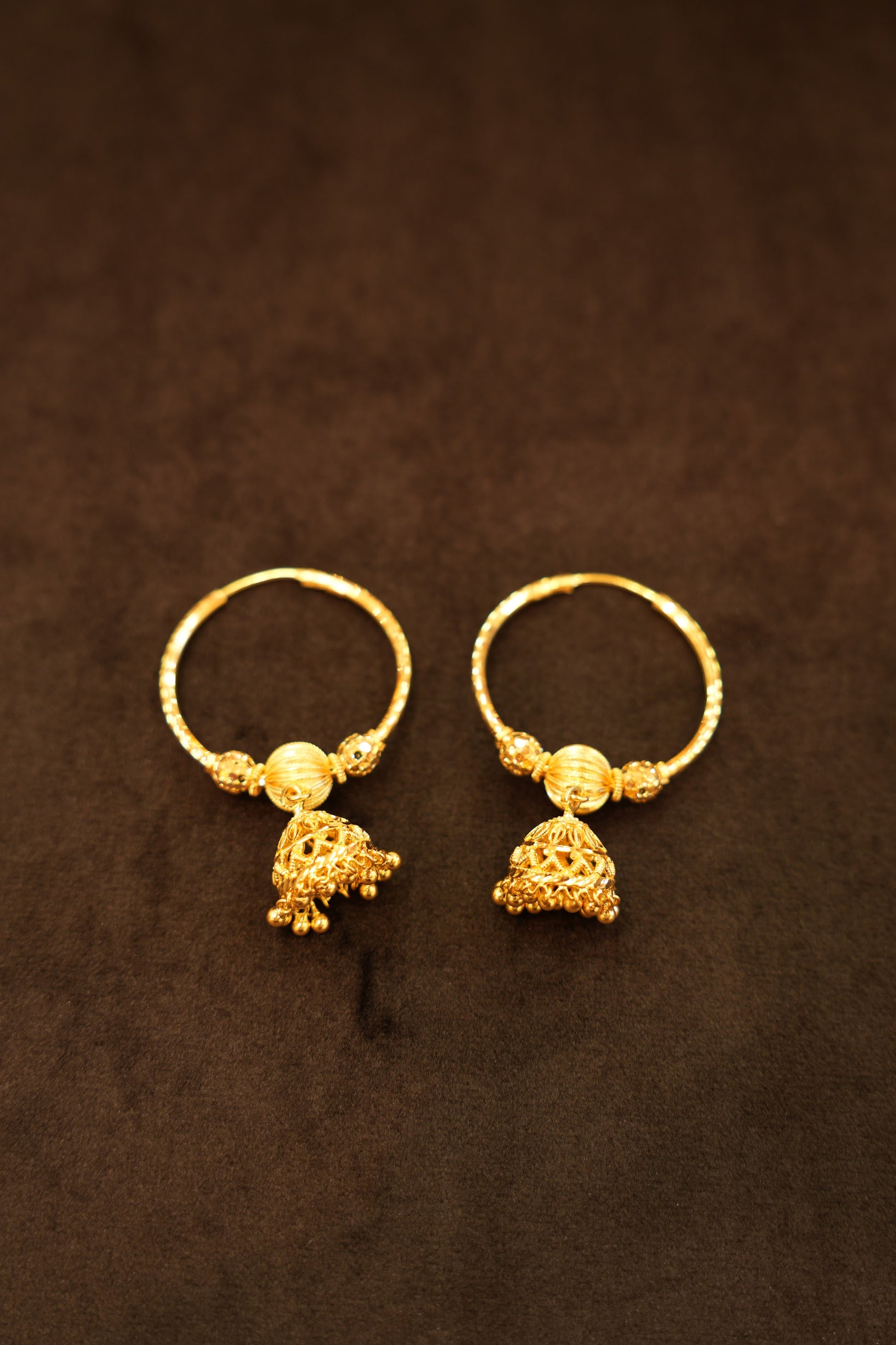 22K Gold Bead & Mesh Jhumka Hoop Earrings
