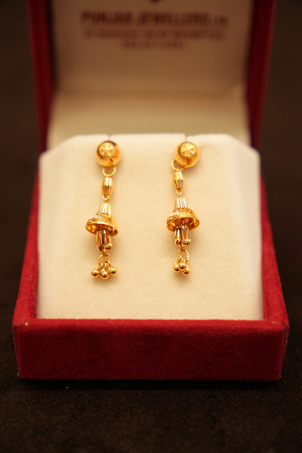 22K Gold Fluted Cone Disc Drop Stud Earrings