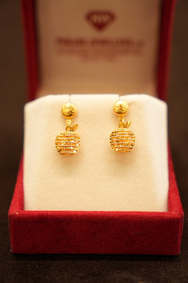 22K Gold Ribbed Dome Ball Drop Stud Earrings