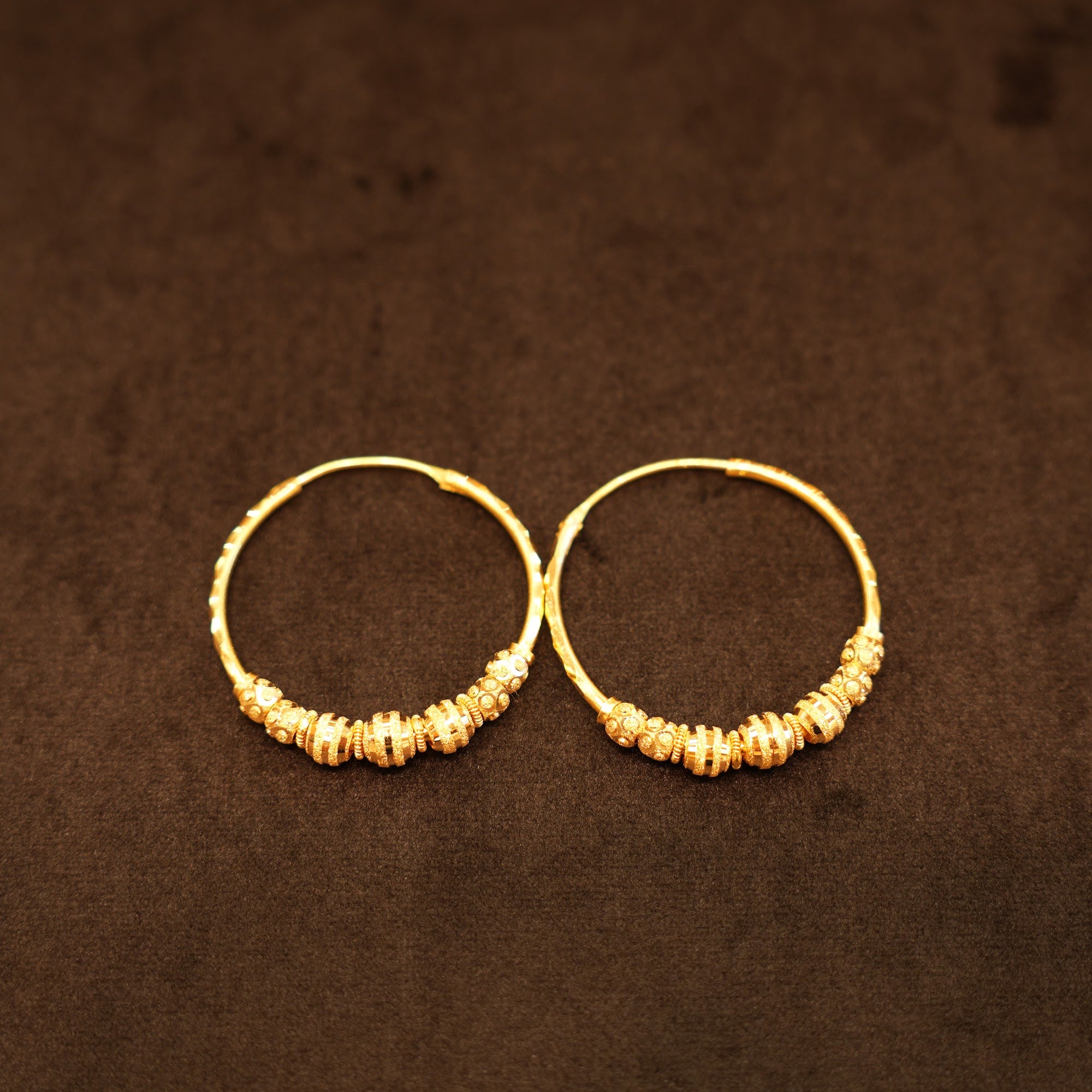 22K Gold Textured Barrel Bead Hoop Earrings