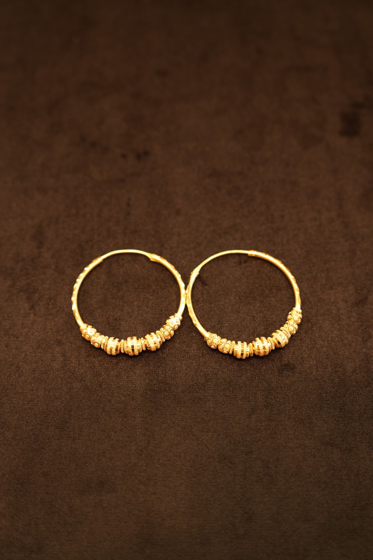 22K Gold Textured Barrel Bead Hoop Earrings