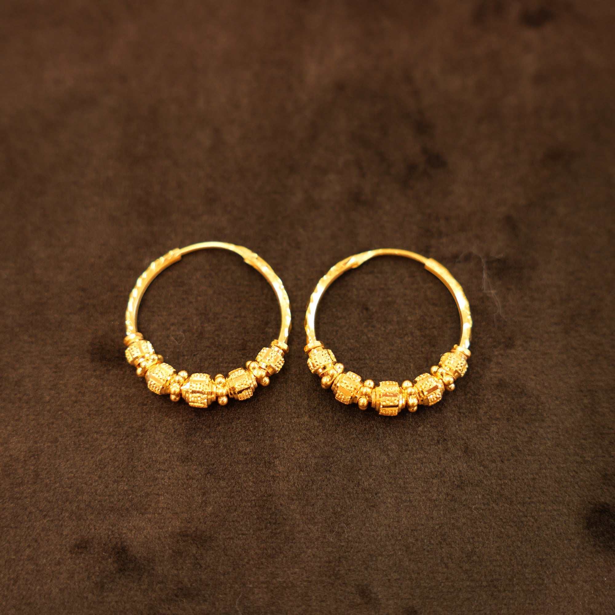 22K Gold Cube Bead Hoop Earrings