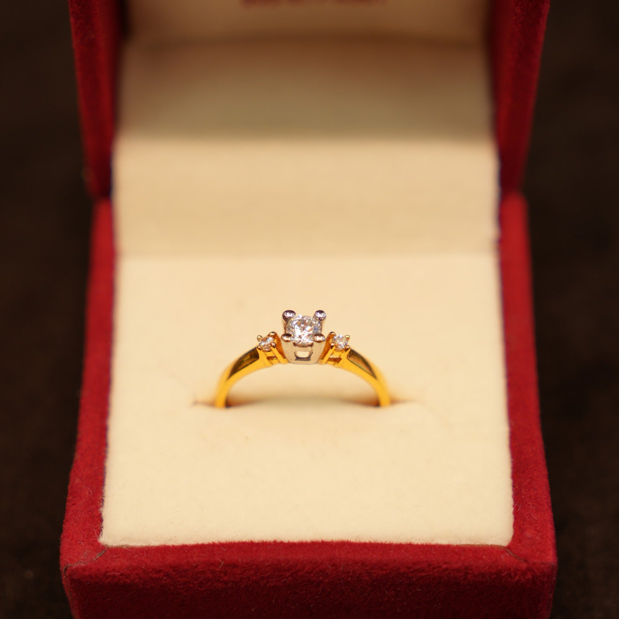 22K Gold Three-Stone Solitaire Ring
