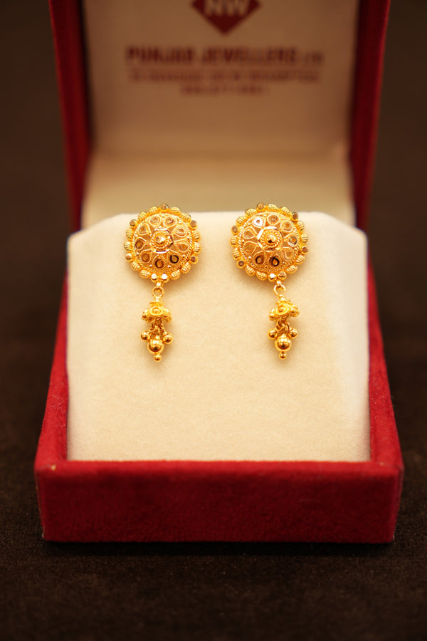 22K Gold Openwork Petal Medallion Drop Stud Earrings