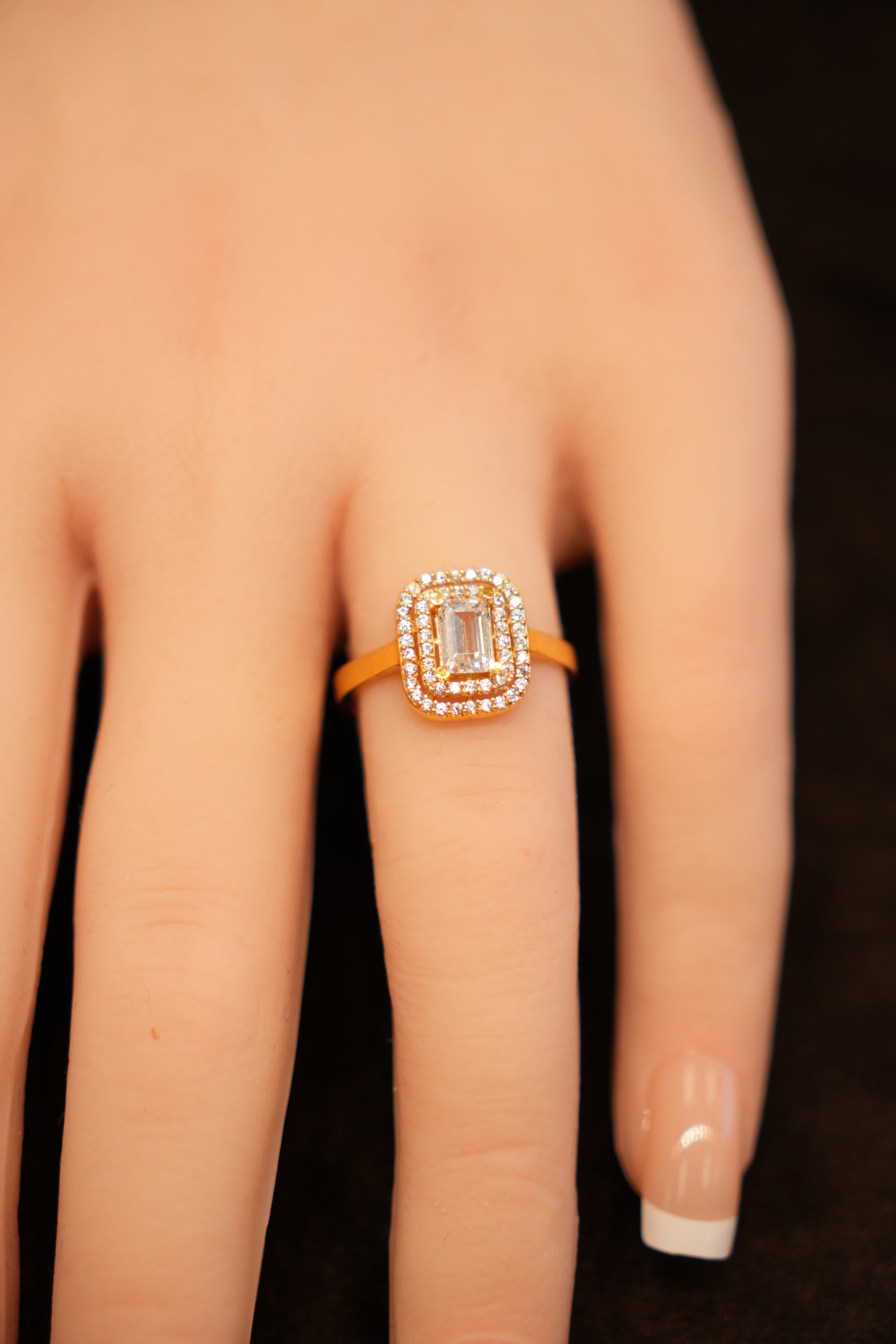 22K Gold Cushion Halo Emerald-Cut Ring