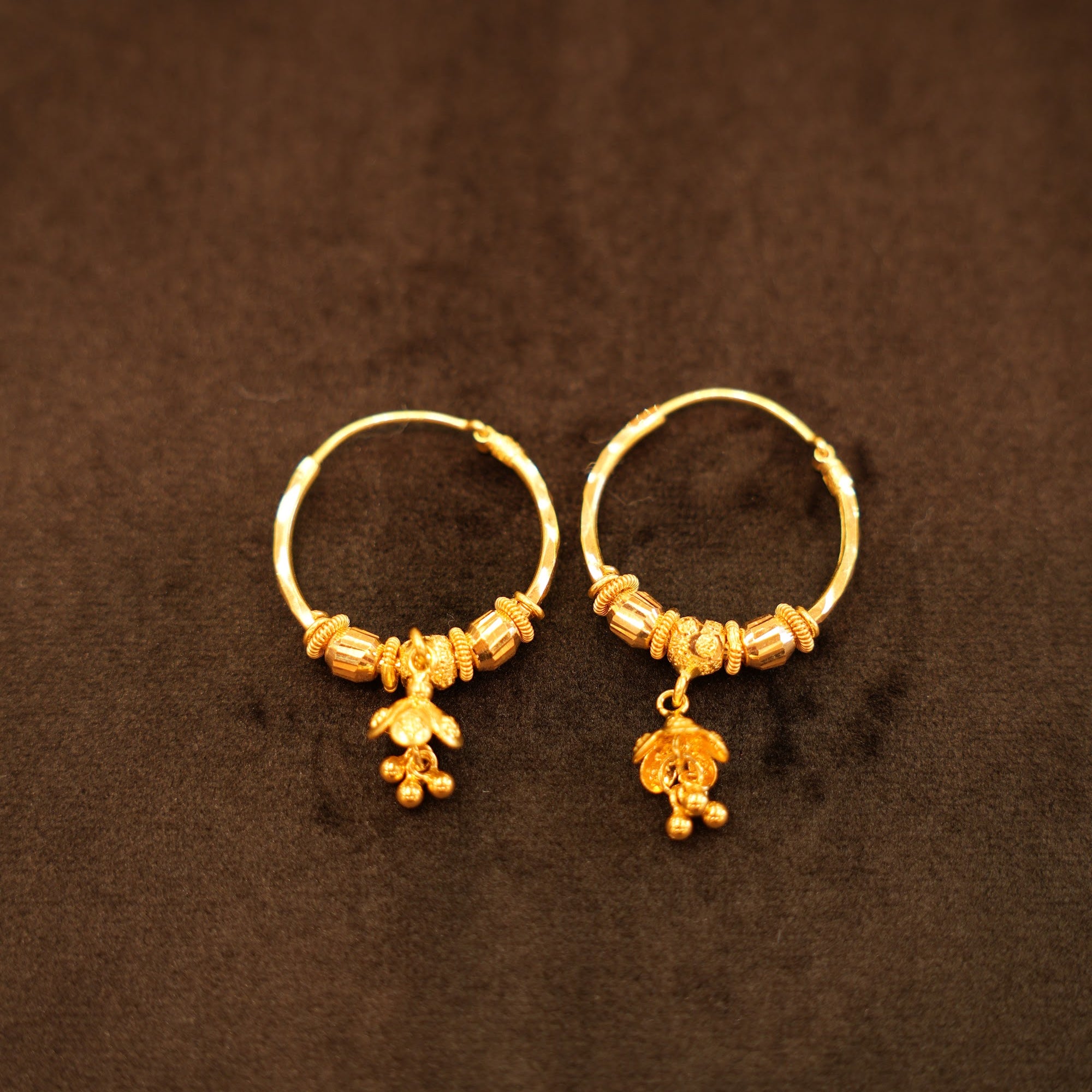 22K Gold Ridged Bead Side Charm Hoop Earrings
