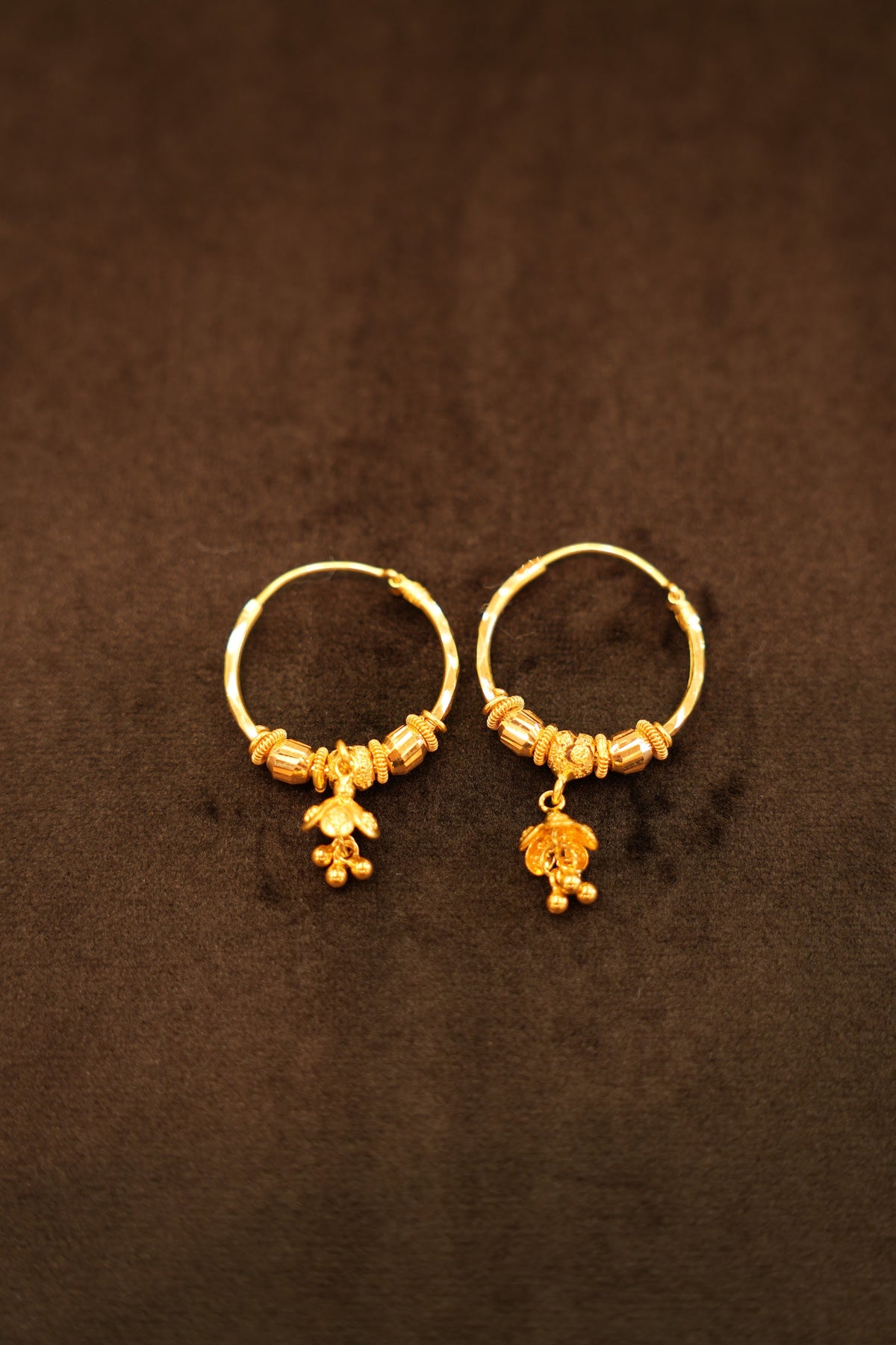 22K Gold Ridged Bead Side Charm Hoop Earrings