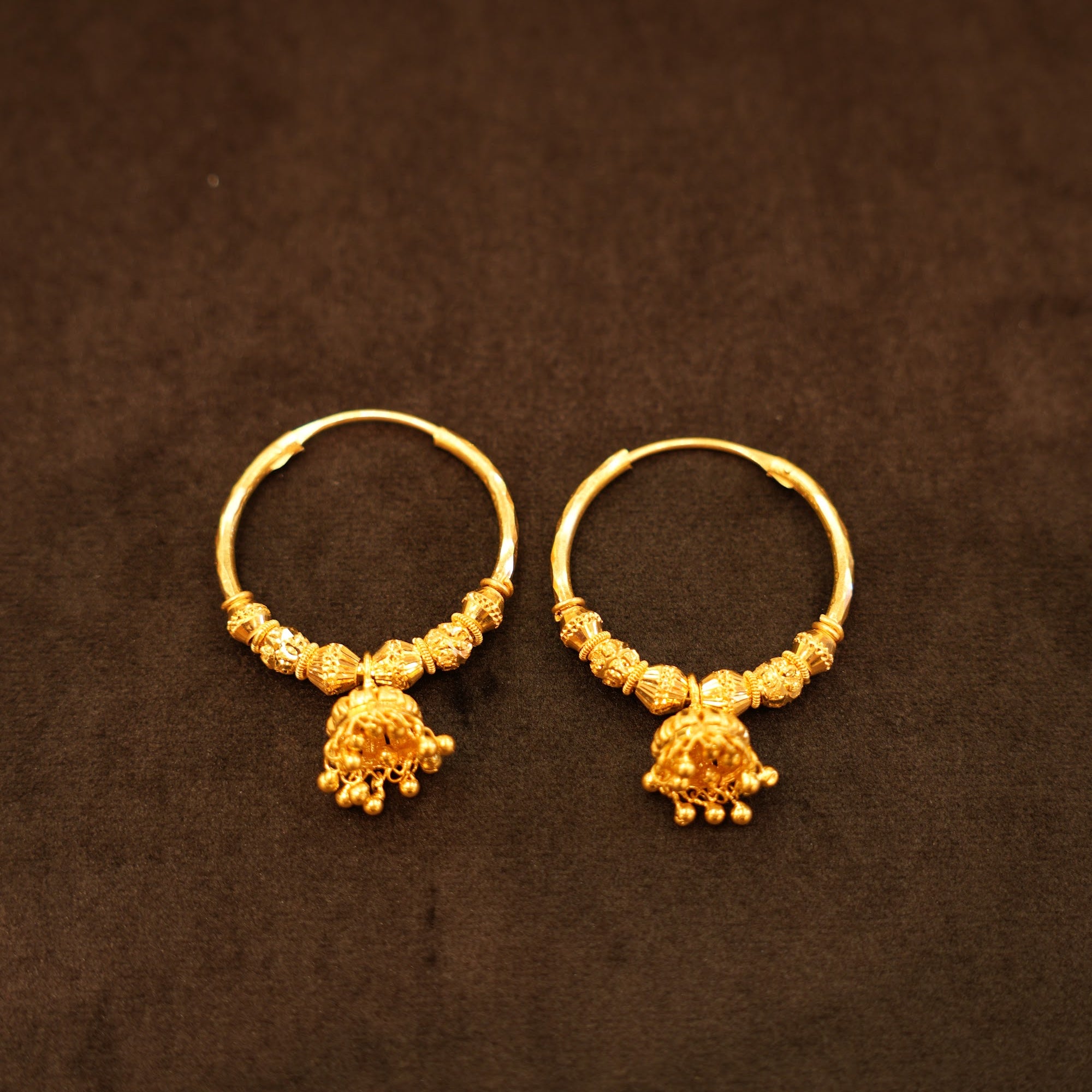 22K Gold Beaded Segment Ball-Fringe Hoop Earrings