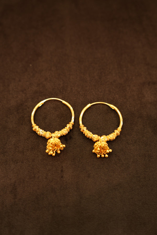 22K Gold Beaded Segment Ball-Fringe Hoop Earrings