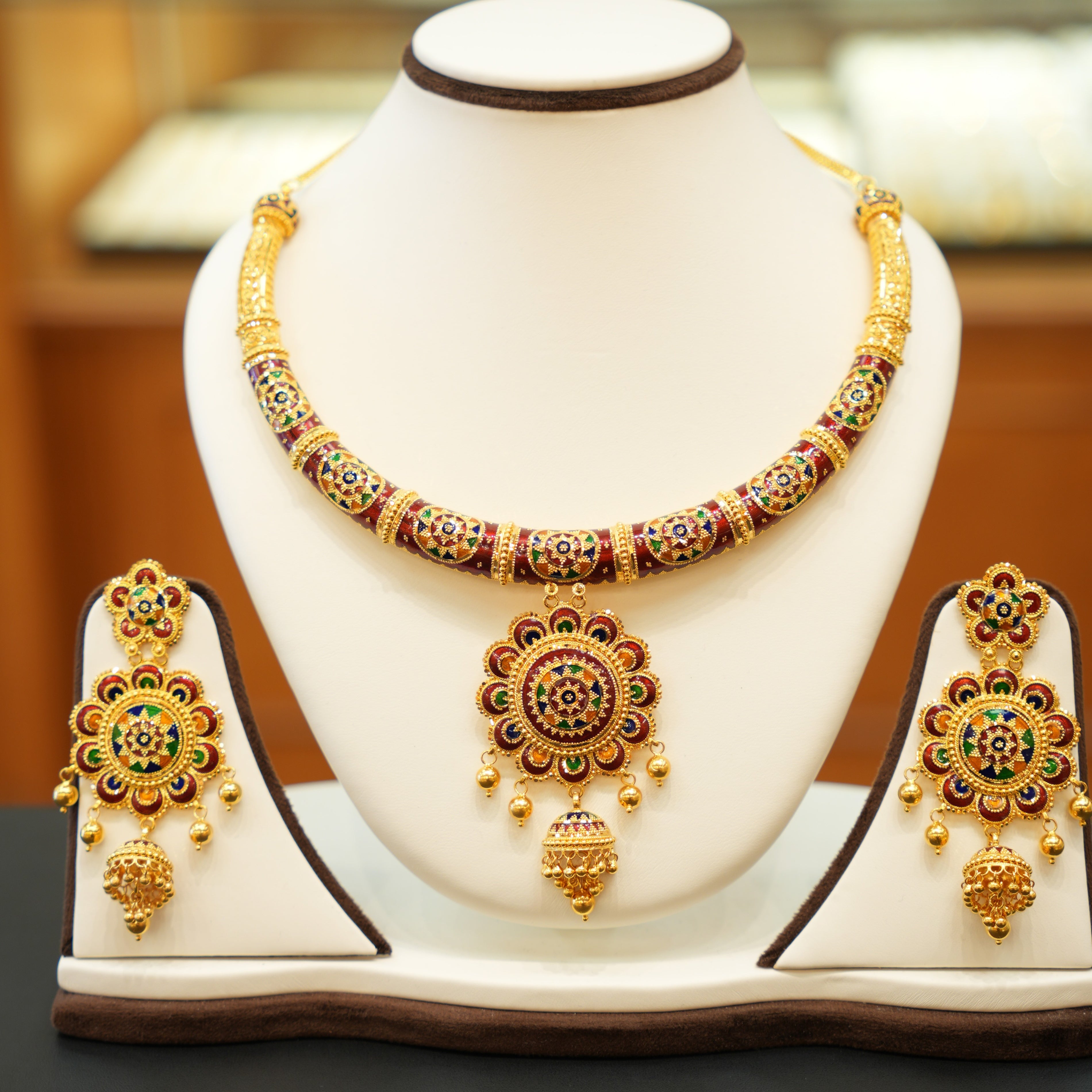 22K Gold Designer Meena Necklace Set