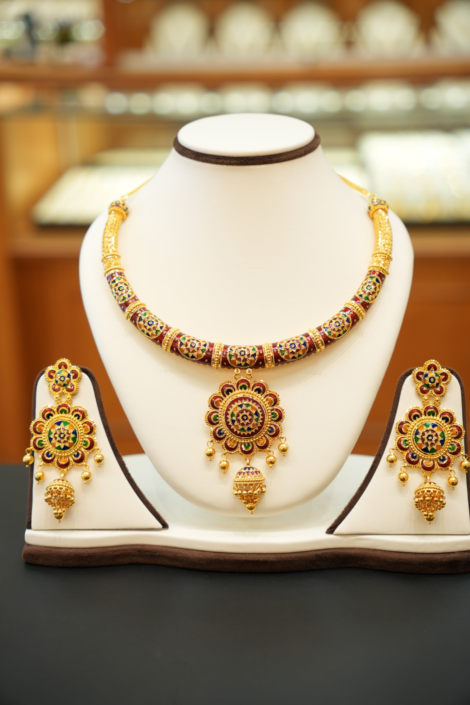 22K Gold Designer Meena Necklace Set