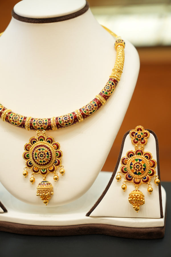 22K Gold Designer Meena Necklace Set